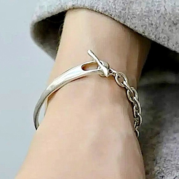 Sterling Silver Minimalist Chain Link Bangle Bracelet - Picture 3 of 8